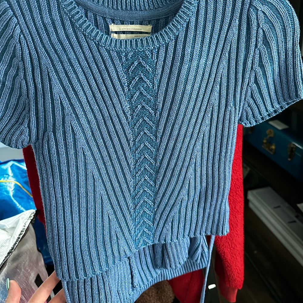 Anthropologie Blue Ribbed Knit Top and Skirt Set